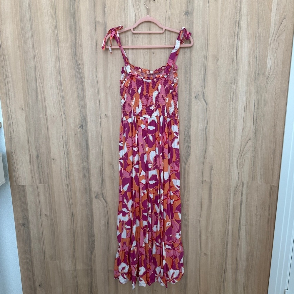 Floral Tiered Maxi Dress Size Large Pink Smocked Tie Shoulder Boho Resort Summer - Picture 6 of 7